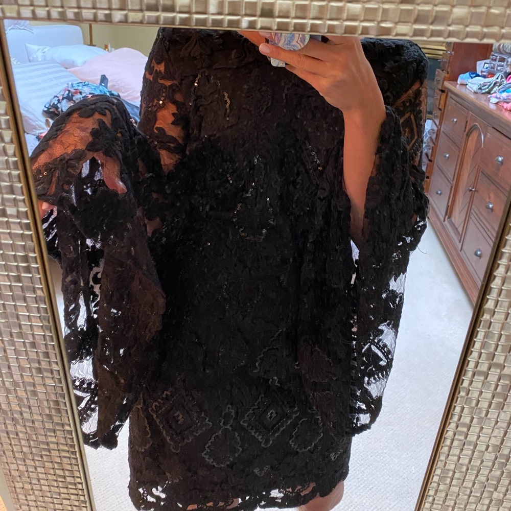 Aqua sequin embroidered bell sleeve dress